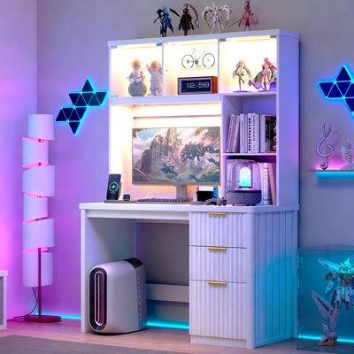 Computer Desk with Power Outlet and Tri-Color Light, Home Office Desk with File Drawer