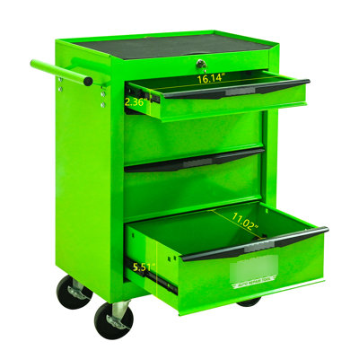Rolling Metal 4 - Drawer Tool Chest, 20" Organizer, , Bearing Slides,  2 With Brake , Pull Handle, Key Locking, 15Kg Drawers Steel Capacity