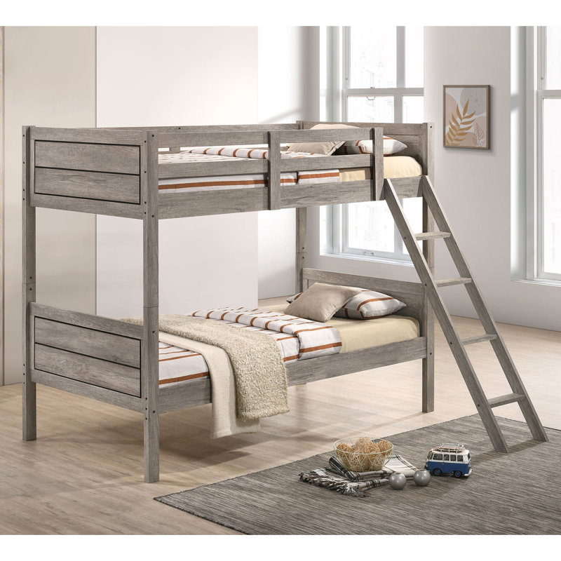 Twin Bunk Bed With Weathered Taupe, Convertible Design, , And Slatted Guardrails, Engineered Wood For Bedroom Modernization Taupe Finish, Decor
