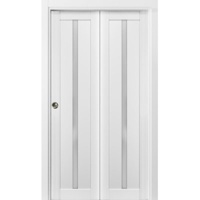 Sliding Closet Bi-fold Doors 42 x 84 Quadro 4112 White Silk with Frosted Glass Sturdy Tracks Moldings Trims Hardware Set Wood Solid Bedroom Wardrobe Doors