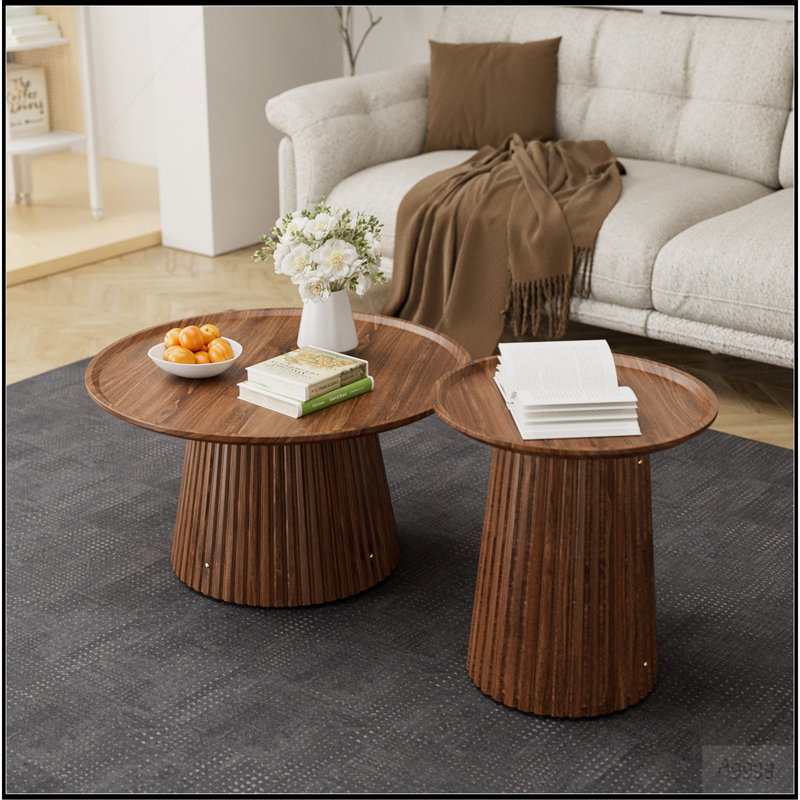 Ensemble de 2 tables basses rondes, grandes et petites tables centrales et d'appoint en bois, finition noyer moderne pour le salon et le bureau