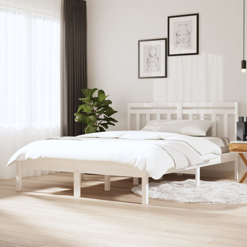 Akes Solid Wood Bed, White, European Double (140 x 200 cm)