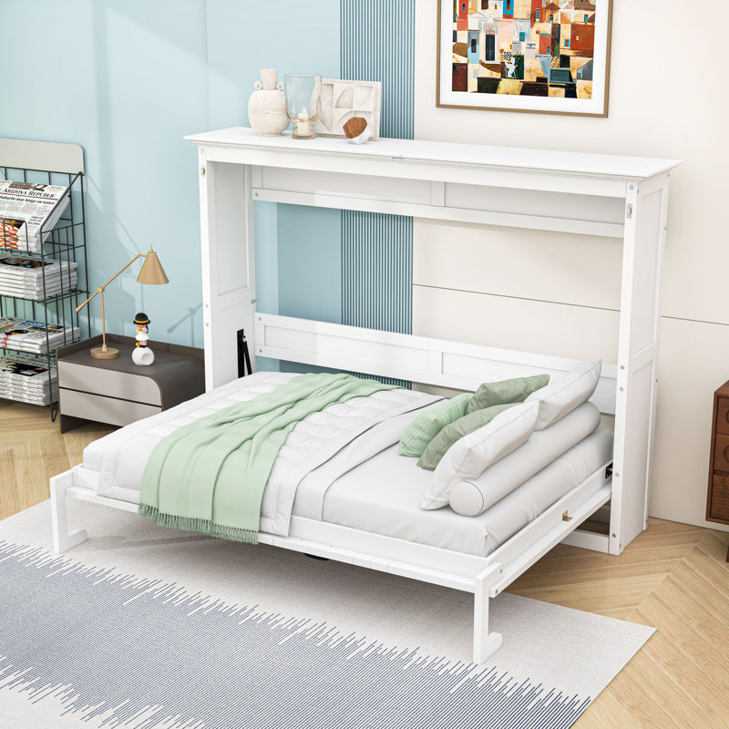 Armoire murale Murphy avec lattes et pieds, Lit double, Blanc