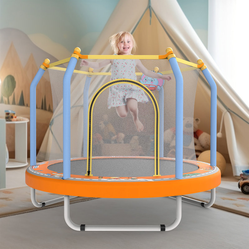 Trampoline pour enfants de 55 pouces pour l'intérieur et l'extérieur, avec panier de basketball et enceinte de sécurité