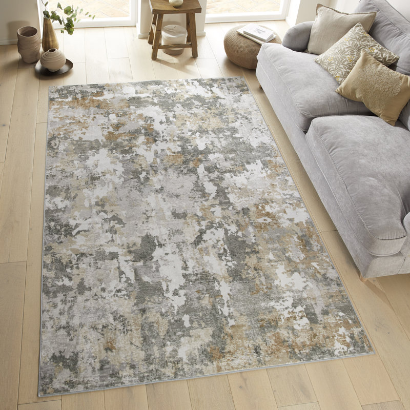 Abstract Beige Grey Washable/Stain Guarded Area Rug, Rectangle 160 x 230 cm