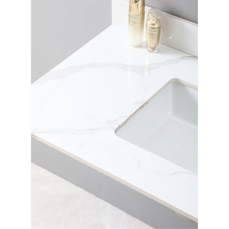 Plateau de meuble-lavabo en pierre frittée 43 x 22 avec 3 trous de robinet et lavabo en céramique de couleur blanche 43 x 22 po