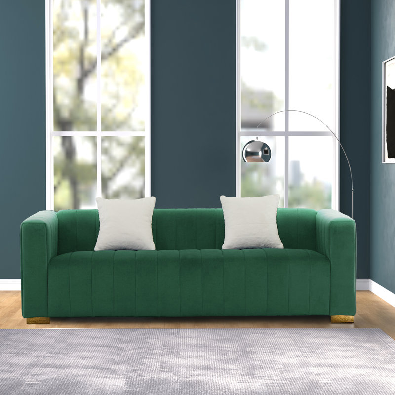 Canapé en velours de luxe 87 po avec 2 coussins Clifford, Doré, Vert