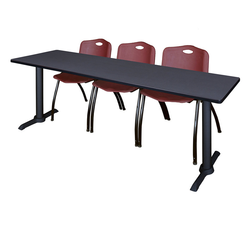 Cain T-Base Training Seminar Table & 3 M Stack Chairs, Grey, Burgundy