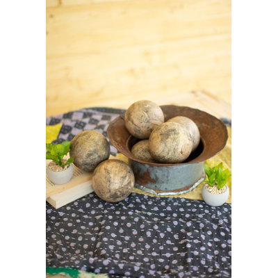  Hand Carved Mango Wood Spheres, 4"H – Tan Distressed Decorative Bowl Fillers, Set of Six