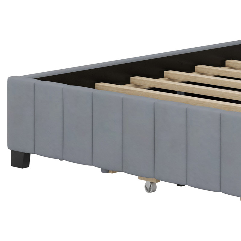 Lit plateforme tapissier avec 2 tiroirs et lit gigogne, gris