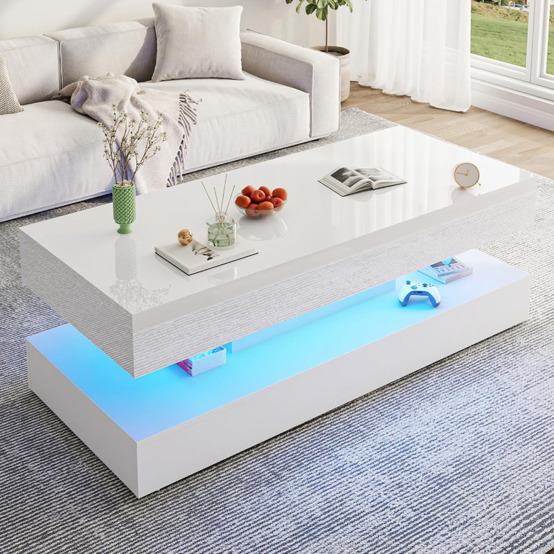 Table basse de 39,4 po moderne à DEL ultrabrillante avec 2 tiroirs de rangement, lumière centrale RVB de contrôle APP, imperméable et résistante aux égratignures
