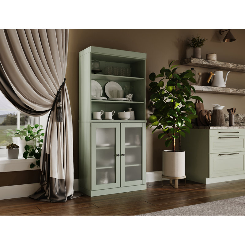 Garde-manger 100% bois massif 32 po avec portes en verre givré et tablettes réglables, Sauge