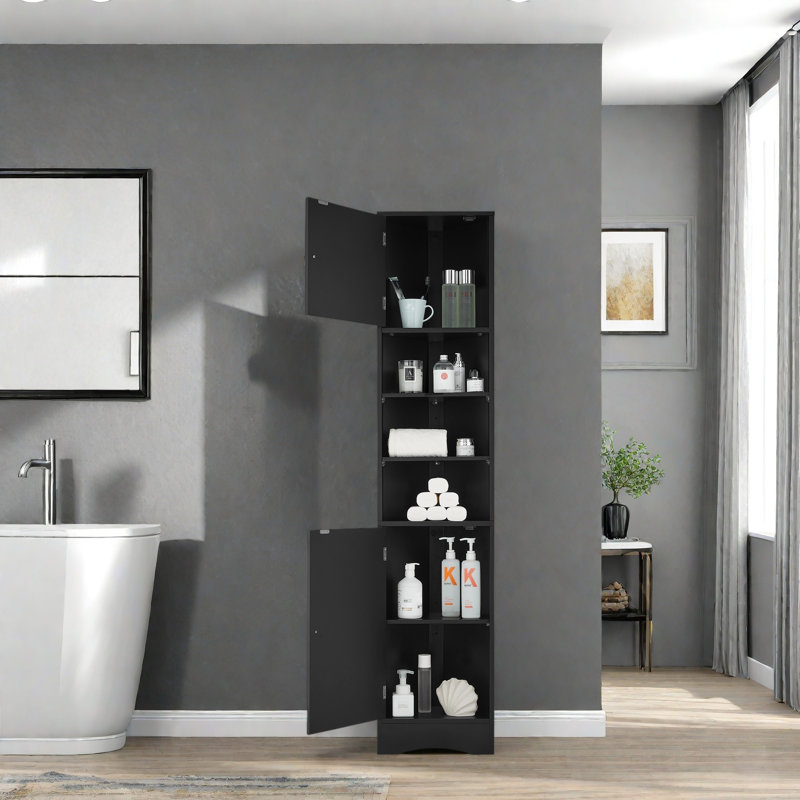 Multi-Functional Corner Cabinet Tall Bathroom Storage Cabinet With Two Doors And Adjustable Shelves, Black