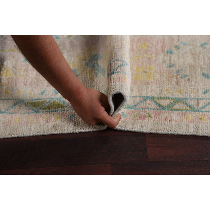Tapis gris / beige / vert en laine noué à la main de conception unique 8 pi 2 po x 9 pi 10 po