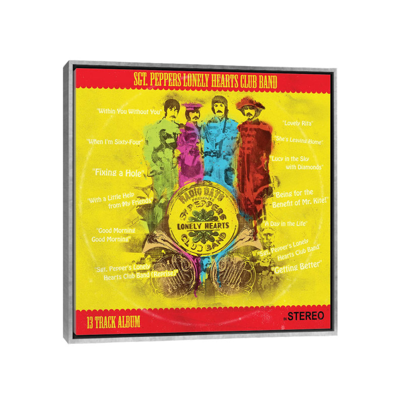 Fab 4 Lonely Hearts Club - publicité imprimée, H 37 po x l 37 po x P 1,5 po, Pas de tapis, Toile avec cadre argenté