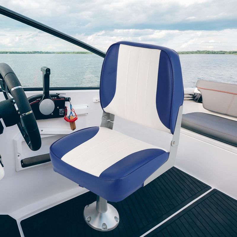 Set of 2 Folding Low Back Boat Seats, Thick Padded Weatherproof PVC Captain Chairs, Universal 5x5 Inch Bolt Design for Guardian, Speed Boats, Bass Track, Blue+White