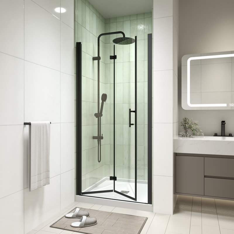 Porte de douche pliante sans cadre 36 "- 37 3/8" x H 72 "avec verre trempé transparent 1/4" (6mm), Noir mat