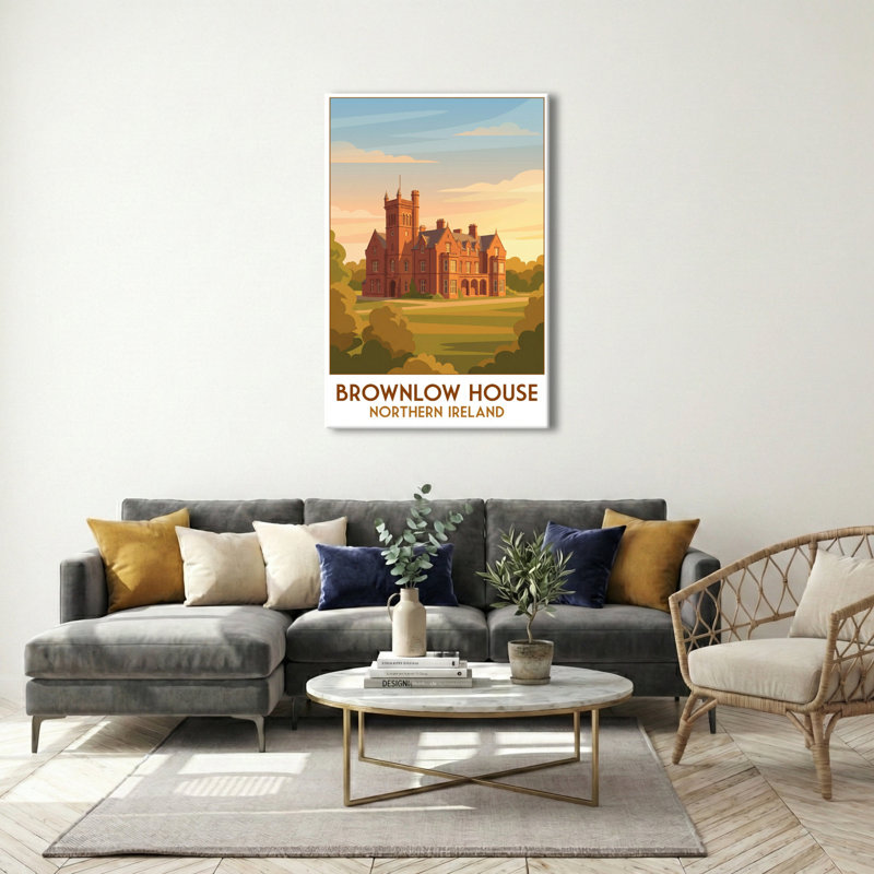 Brownlow House, Northern Ireland - Romantic Travel Poster Of A Stately House In Golden Light. Giclee Print On Wrapped Canvas. Wall Art, Home Decor - Castles & Palaces, Northern Ireland - Wrapped Canvas Print