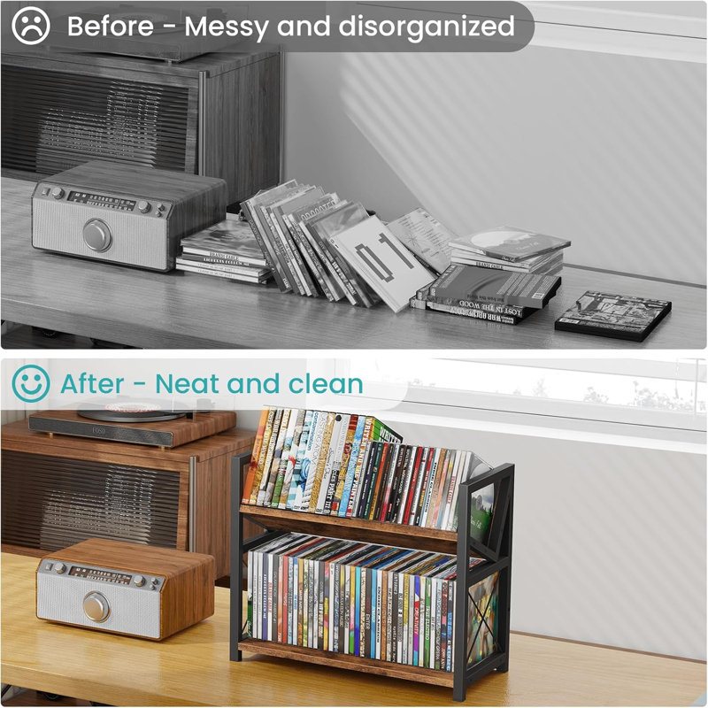 Présentoir à CD à 2 niveaux, tablette de bureau pouvant contenir jusqu'à 80 CD ou 56 DVD, tour de rangement de DVD inclinable au style rétro, brun rustique