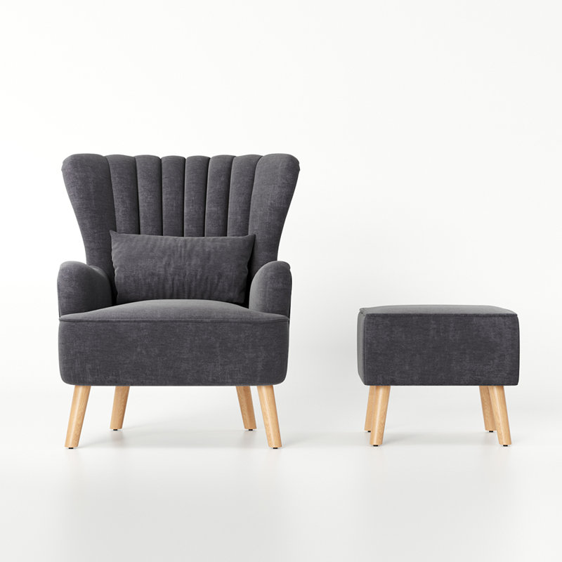 Kiro Upholstered Wingback Chair with Footstool, Dark Grey