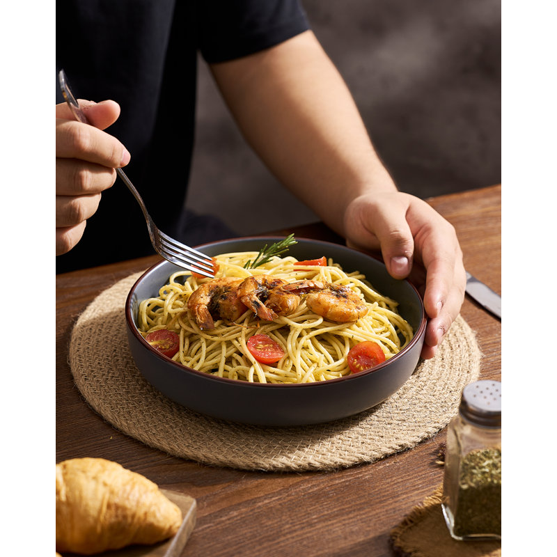4-Piece Stoneware Pasta Bowl Set- Service For 4, Charcoal