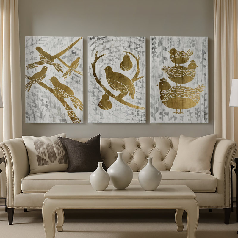 Quatre oiseaux chanteurs - feuille d'or - toile tendue sur mesure - 3 pièces, H 12 po x l 24 po