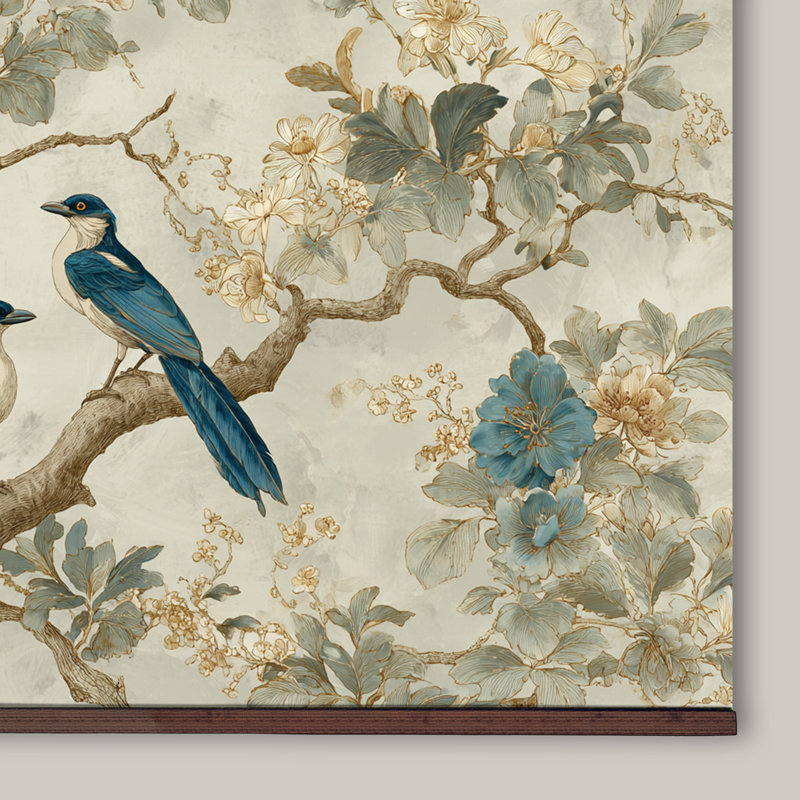 Toile, tapisserie, oiseaux bleus et fleurs chinoises avec cintre en bois - art mural botanique rétro, prêt à être accroché