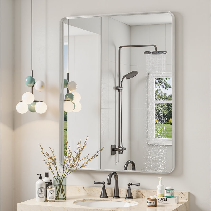 Lunara 1.18" Deep Rounded Corner Rectangular Bathroom Wall Mirror with Premium Tempered Glass & Aluminum Alloy Framed, Silver
