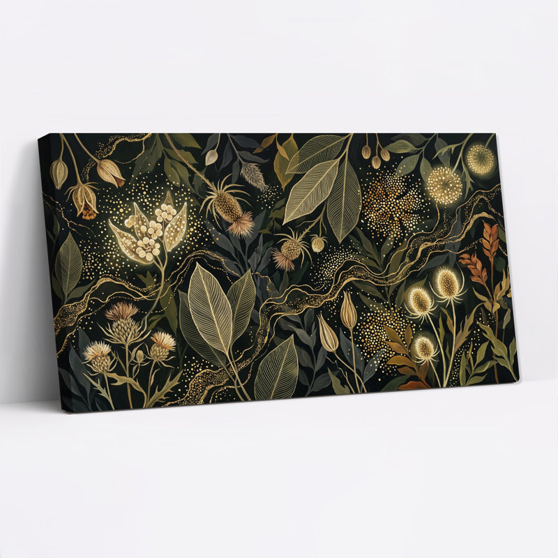 Art sur toile, feuilles dorées et fleurs sur fond foncé, L 40 po x H 20 po