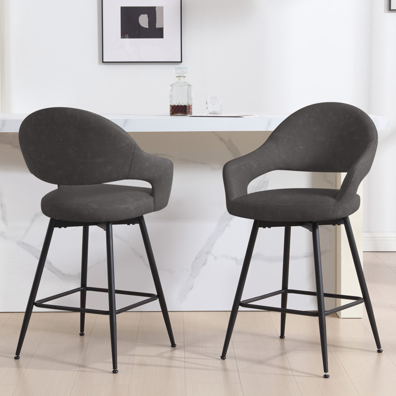 26" Faux Leather Counter Height Swivel Bar Stools, Gray, 2