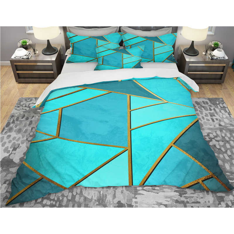Ensemble de housse de couette abstrait - Designart triangulaire sur fond d'abat-jour, Aigue-marine