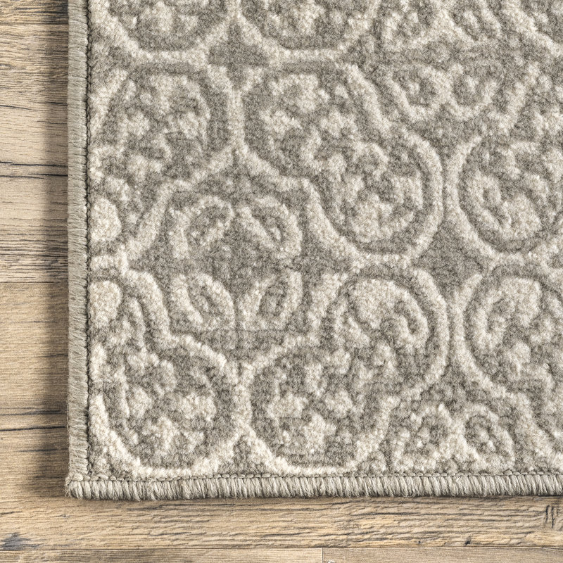 Connor Floral Tiled Performance Gray/Ivory Rug, Rectangle 2' x 3'