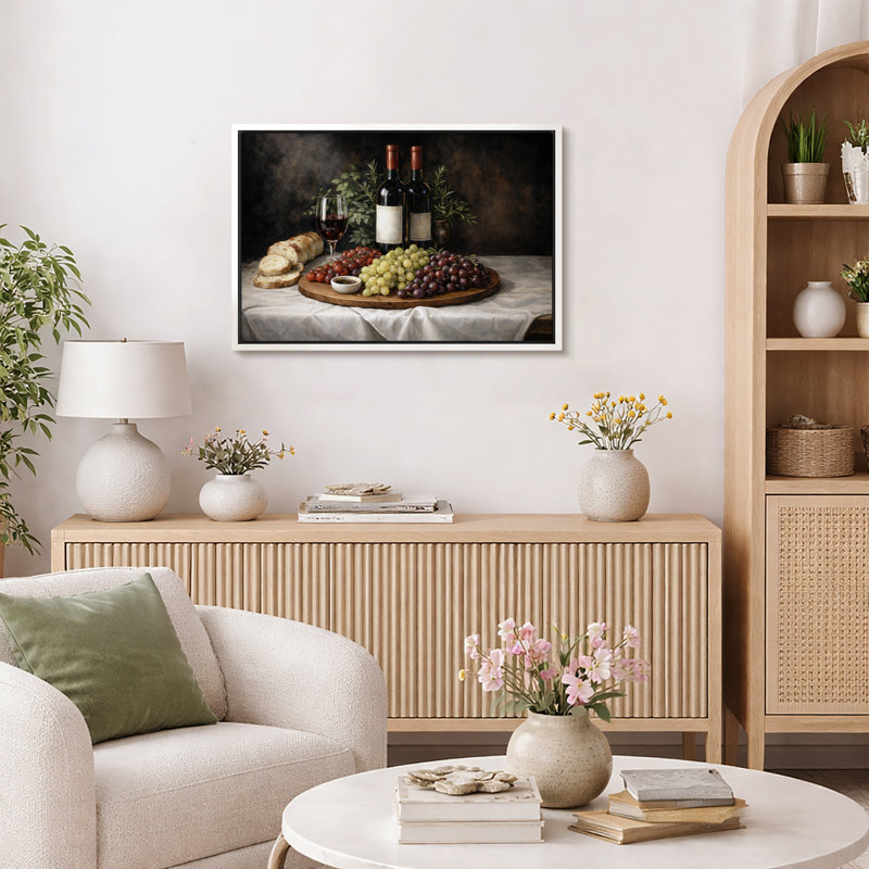 «Rustic Wine and Grapes Still Life», œuvre d'art classique, impression sur toile encadrée, H 24 po x l 36 po x P 1,5 po