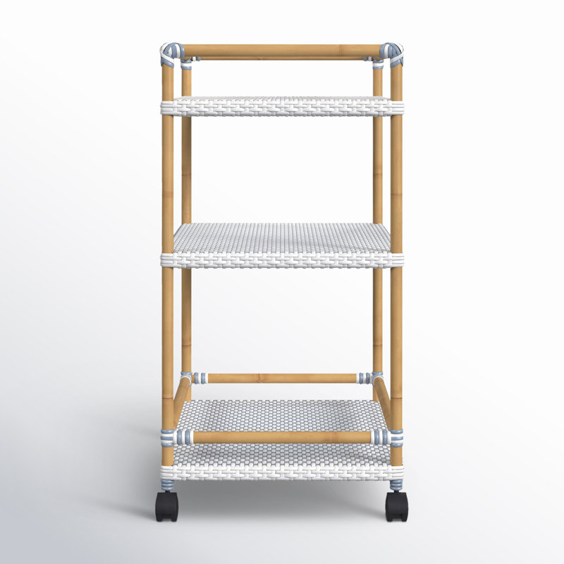 Tobias Outdoor 3- Tier Rattan and Metal Bar Cart, Blue/White