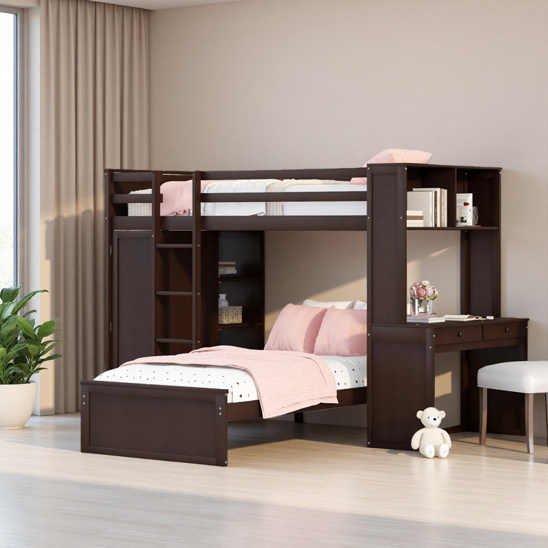 Twin Size Loft Bed With A Stand-Alone Bed, Shelves,Desk,And Wardrobe, Twin Over Twin, Espresso
