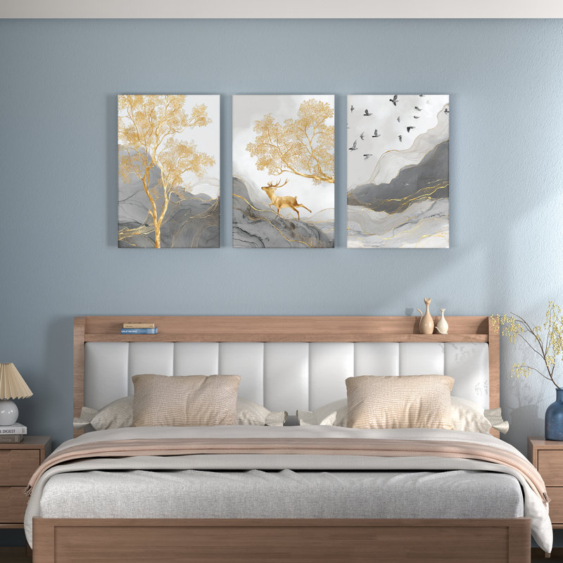 Tableau sur toile tendue représentant un paysage de cerfs dorés et d'arbres, nature abstraite (ensemble de 3)