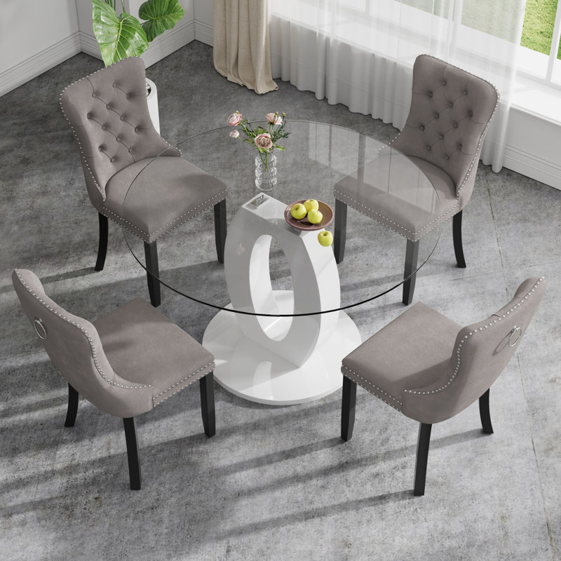 High Gloss Round Dining Table Set with 4 Velvet Dining Chairs, Gray/Black
