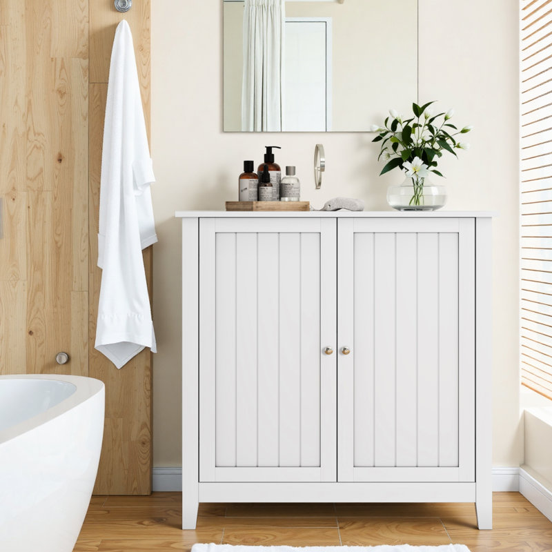 Armoire de rangement autoportante blanche, style Mid-Century moderne, portes à fermeture douce, tablettes, casiers divers à double porte, salle de bain argentée, design, bureau spacieux, organisé