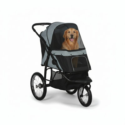 Pet Stroller Suitable for Compact to Medium-Sized Canines and Felines, Equipped with Three Large Wheels, Collapsible Design, Features an Adjustable Canopy, Safety Leash, and Underneath Storage Compartment, Grey