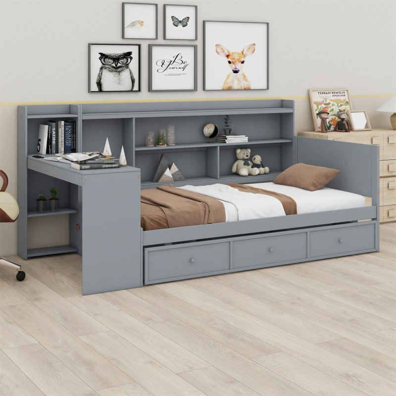 Lit de jour avec 3 tiroirs, ports USB et bureau, Gris