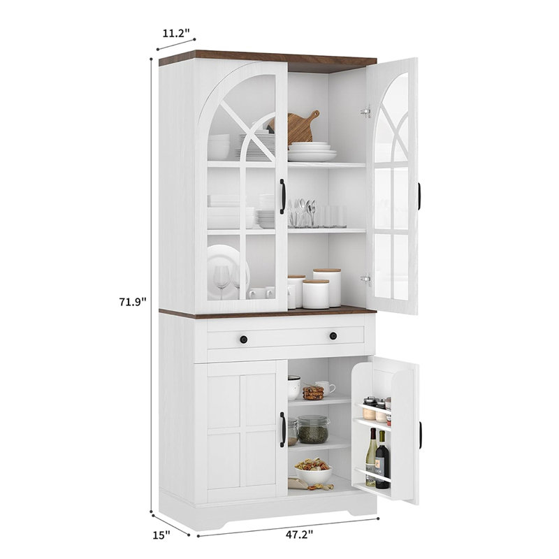 Armoire de cuisine autoportante Farmhouse de 72 pouces de hauteur avec portes en verre trempé et conception anti-basculement