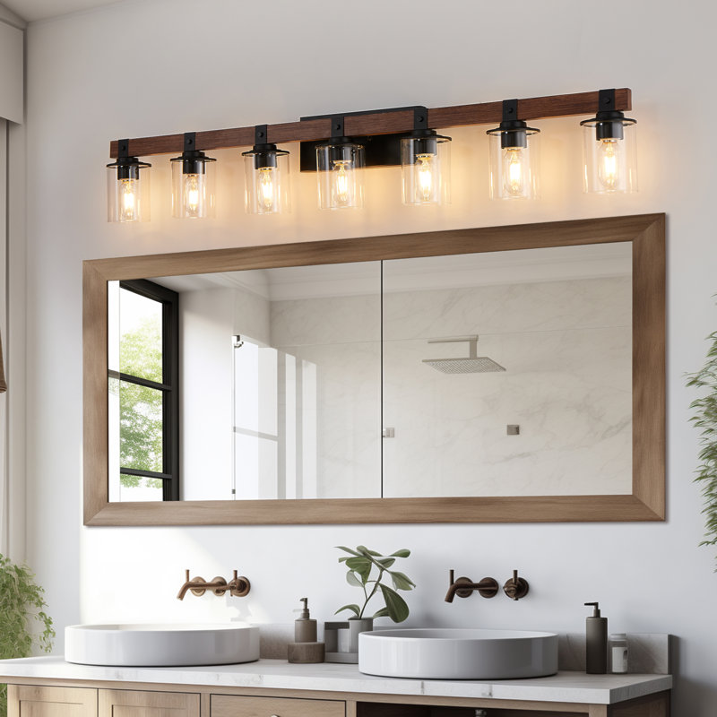 Applique murale de salle de bain industrielle 50 po à 7 lumières avec abat-jour en verre et accent de bois 50 po Rustic