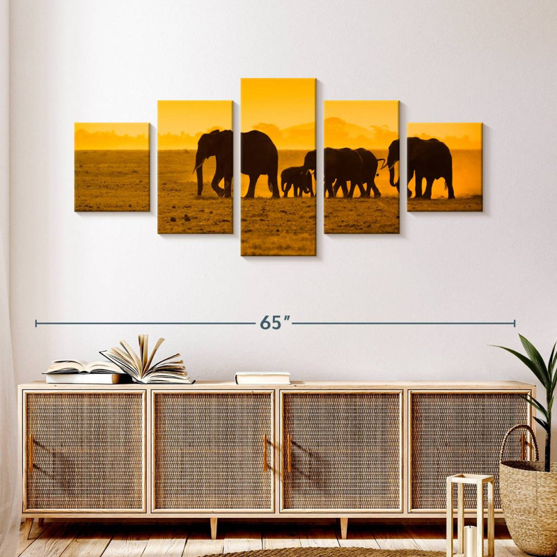 Silhouettes d'éléphants d'Afrique, H 24 po x l 55 po