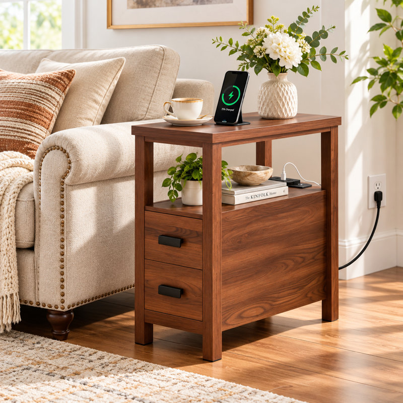 Table d'appoint en noyer avec 2 tiroirs, station de recharge, tablette ouverte et ports USB