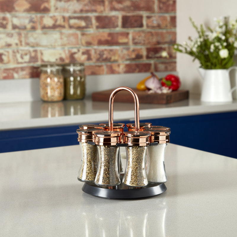 Tower T826020RM Rose Gold, Rotating Spice Rack with 8 Jars, Pre Filled with Spices