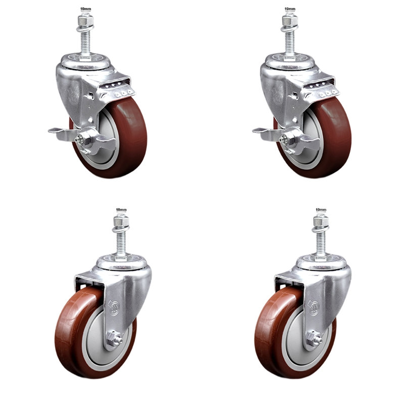 4 Inch SS Maroon Polyurethane Swivel 10mm Threaded Stem Caster Set 2 Brake