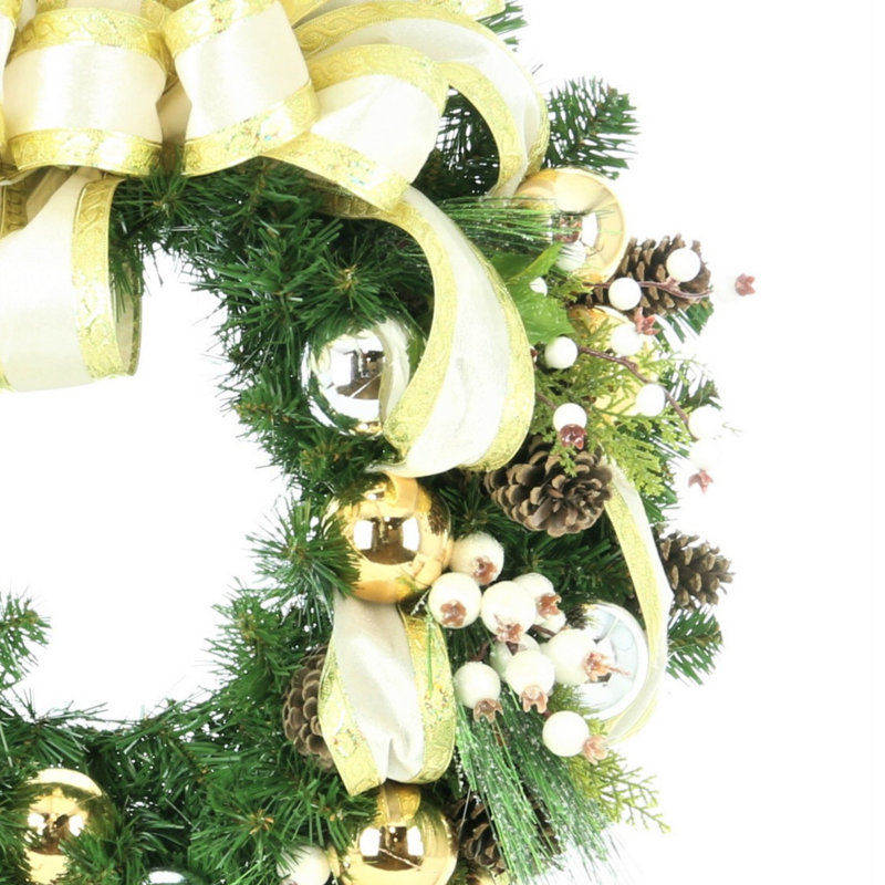 26" Gold And White Holiday Wreath With Ornaments, Ribbon, And Pinecones