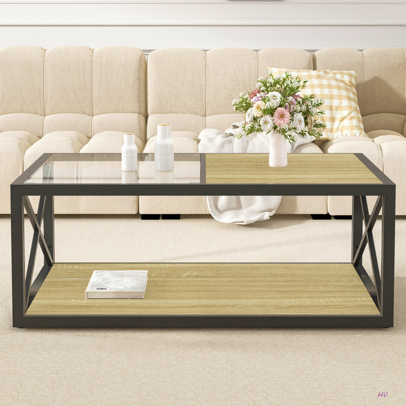 Table basse moderne pour chambre à coucher et salon, plateau en verre trempé et panneau de fibres à densité moyenne, table basse de style industriel