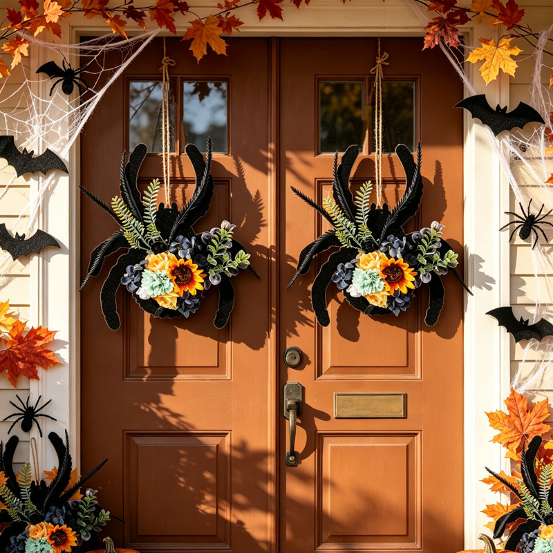 2PCS Halloween couronne d'araignée noire avec tournesol, rustique automne Halloween signe en bois araignée feston pour décoration de fenêtre