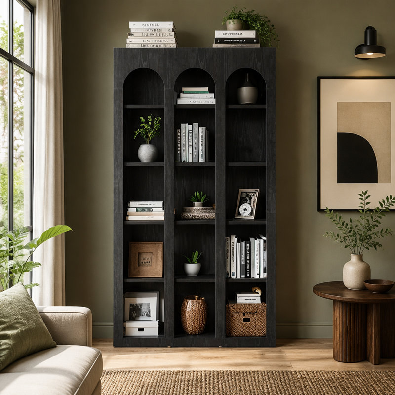 Bibliothèque rustique en bois à cinq niveaux avec un design arqué pour le rangement et la présentation de l'écurie